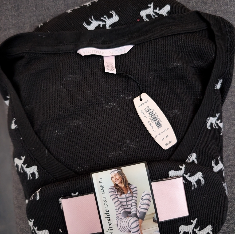 Victoria's Secret Foreside Thermal Black Pajama Set with White Patterns